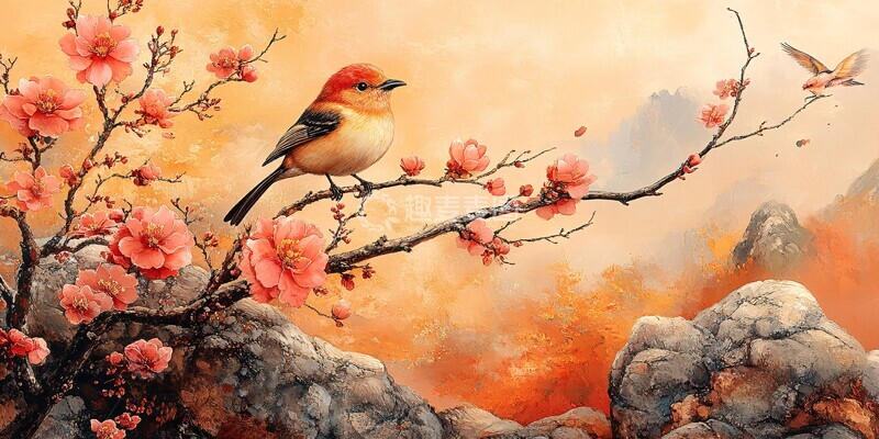 高清大图下载【趣麦麦图】橙色背景花鸟墙挂