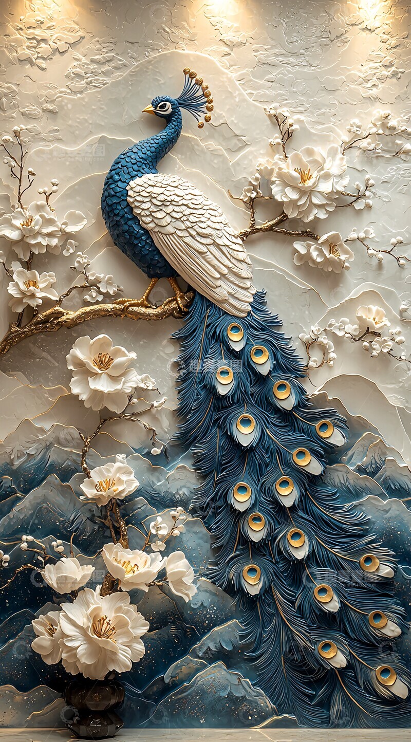高清大图下载【趣麦麦图】孔雀浮雕壁画1
