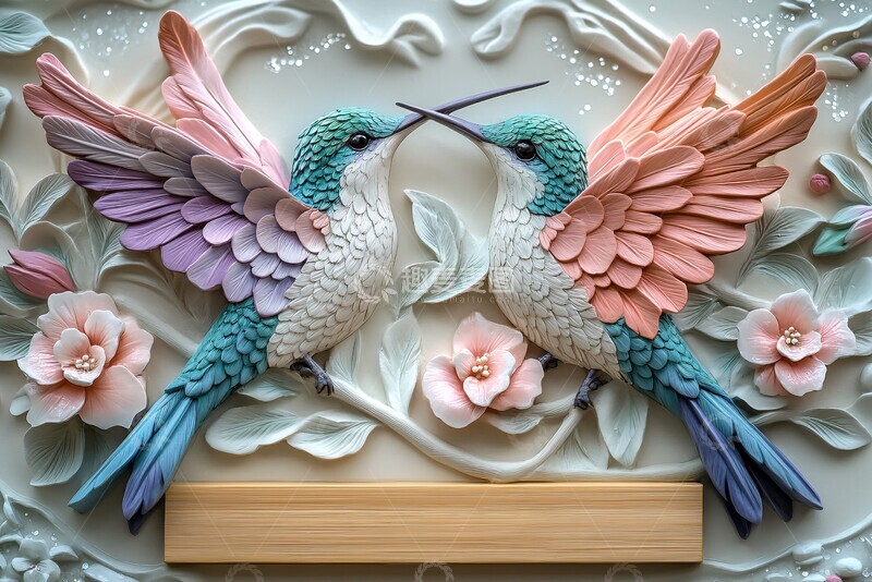 高清大图下载【趣麦麦图】双蜂鸟拱形壁画1