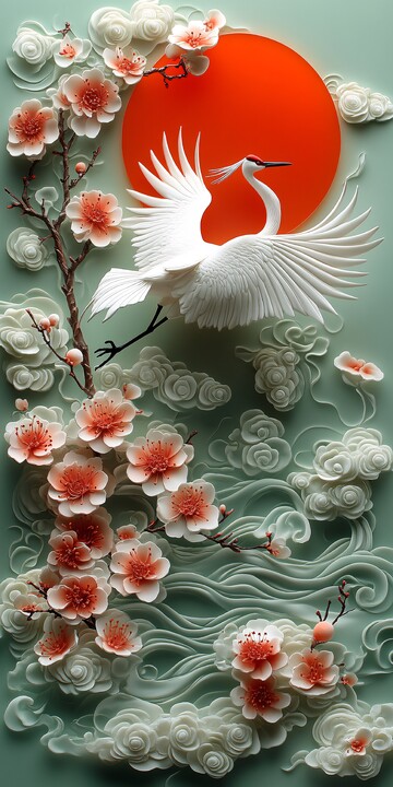 白鹤飞翔桃云图