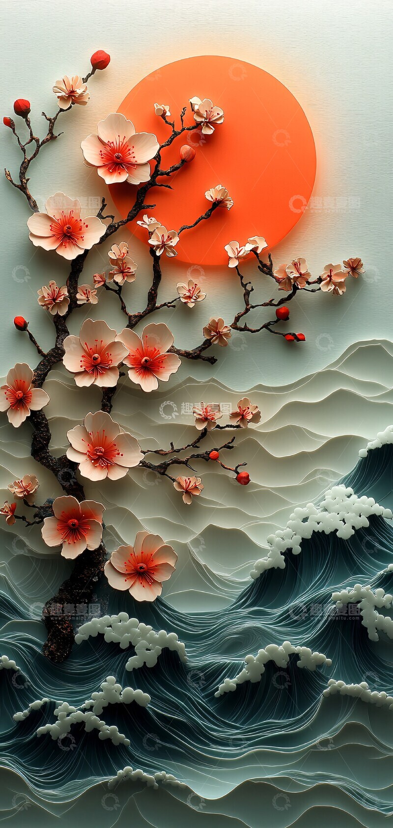 高清大图下载【趣麦麦图】樱花浪涛山峦图3