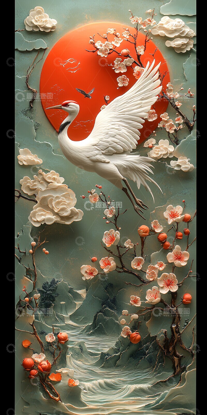 高清大图下载【趣麦麦图】白鹤飞翔桃云图2