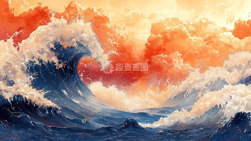 高清大图下载【趣麦麦图】海浪木刻版画2