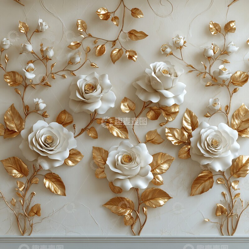 高清大图下载【趣麦麦图】白玫瑰金叶墙纸1