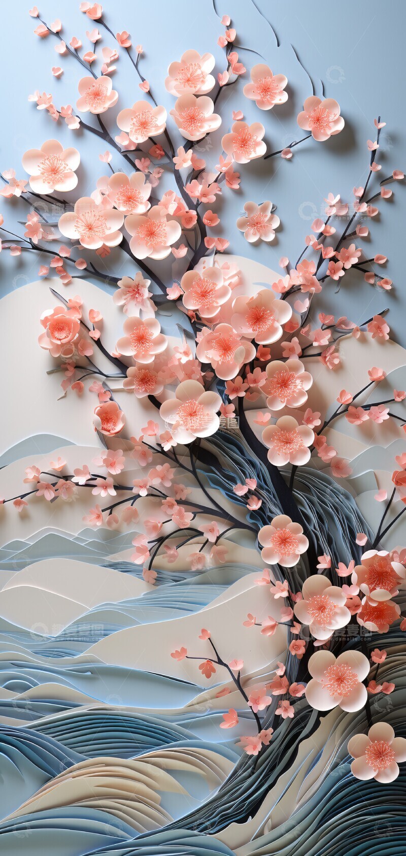 高清大图下载【趣麦麦图】樱花山景纸雕2