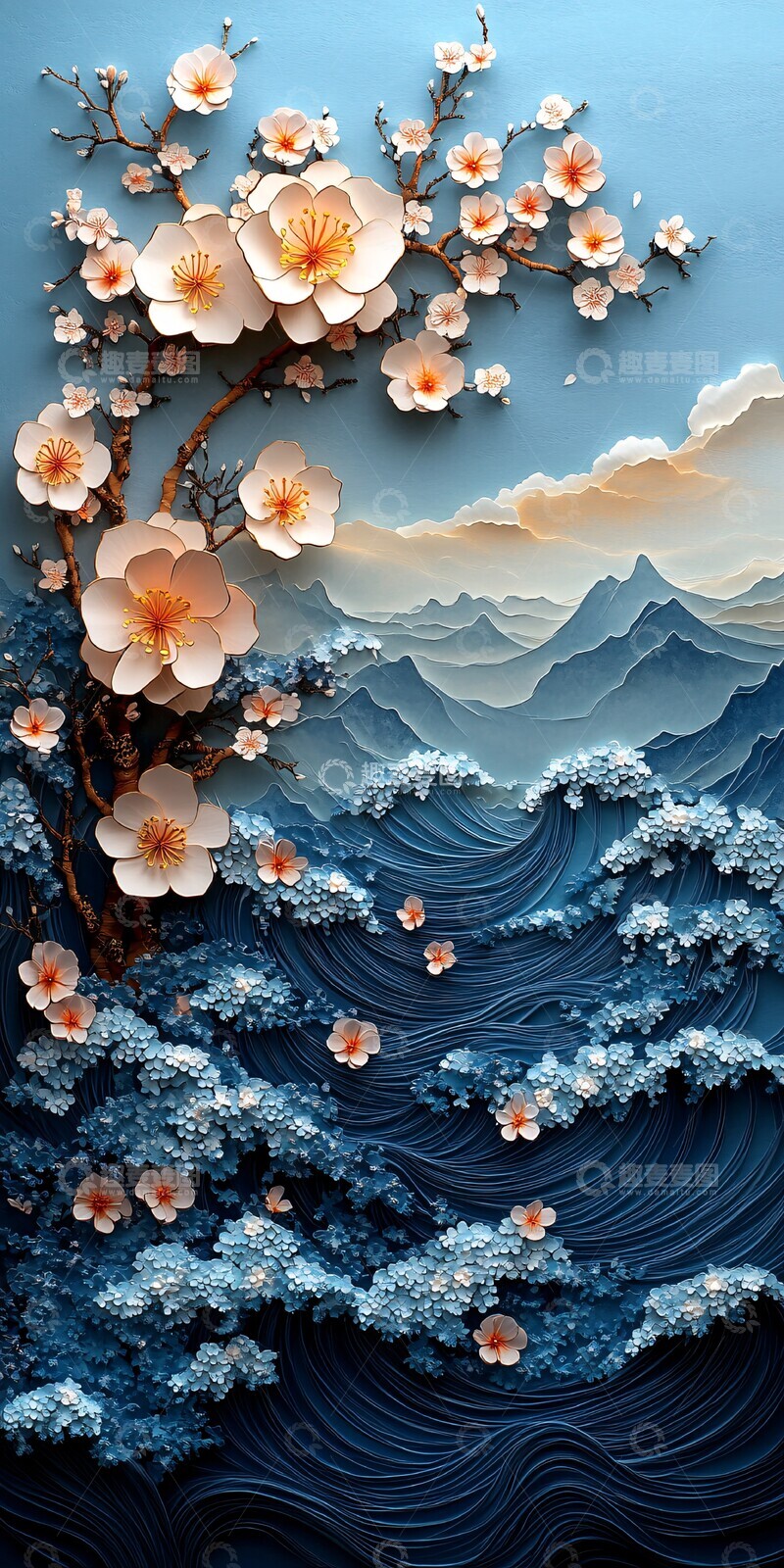 高清大图下载【趣麦麦图】花浪与樱花樱花剪纸立体2