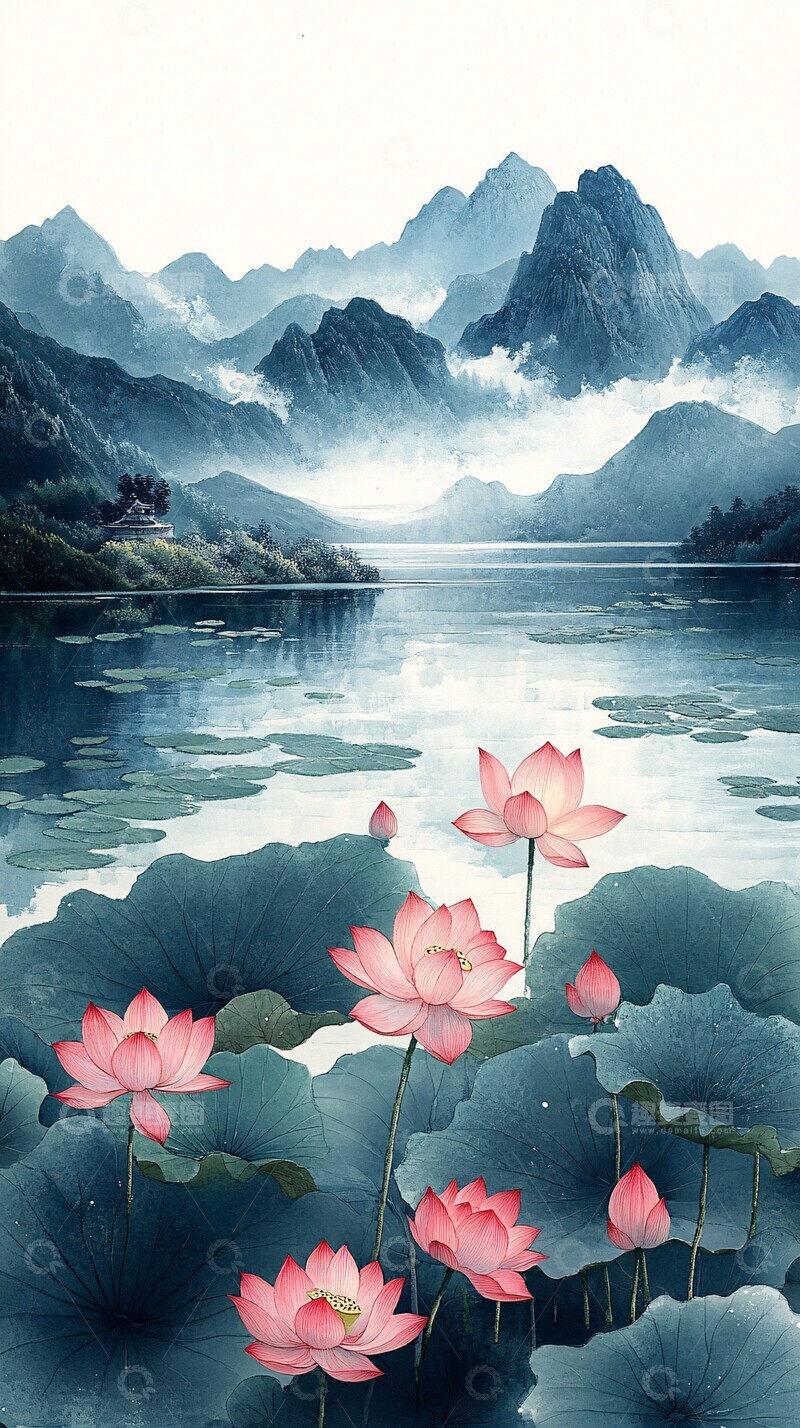 高清大图下载【趣麦麦图】中国屋檐云山莲叶1