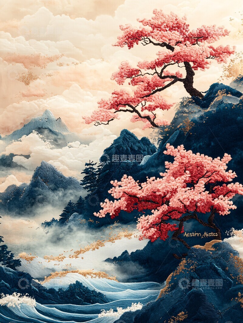 高清大图下载【趣麦麦图】樱花山水刺绣图案3