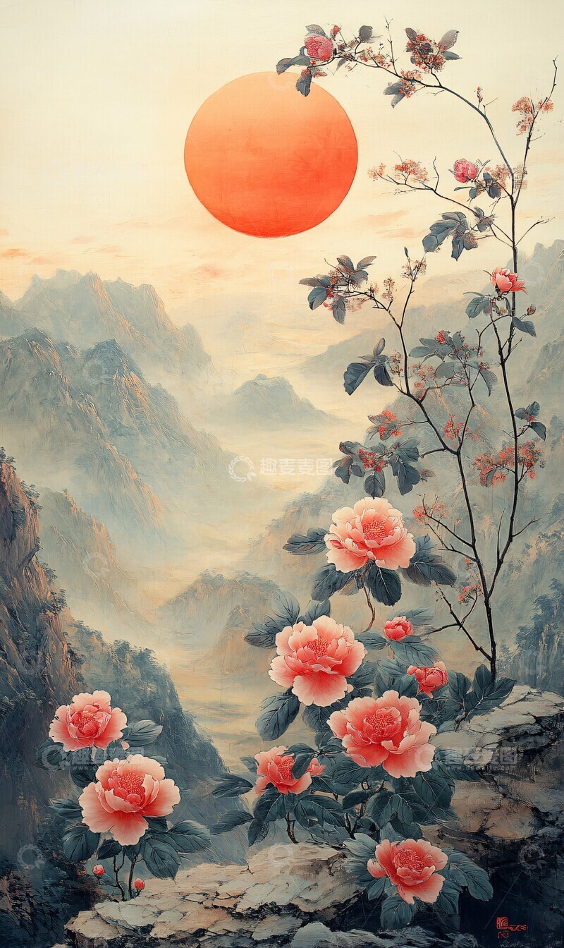 高清大图下载【趣麦麦图】日出山间花叶图3