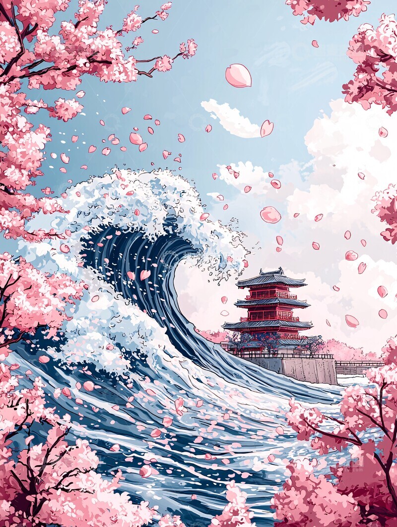 高清大图下载【趣麦麦图】樱花波浪图樱花波浪蓝色1