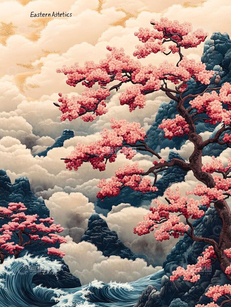 高清大图下载【趣麦麦图】樱花山水刺绣图案2