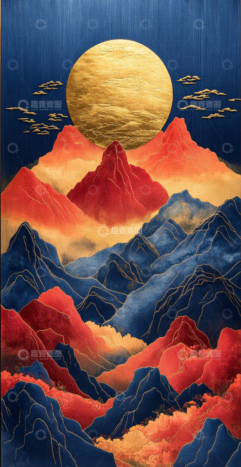 高清大图下载【趣麦麦图】金云山水流动刺绣蓝色2