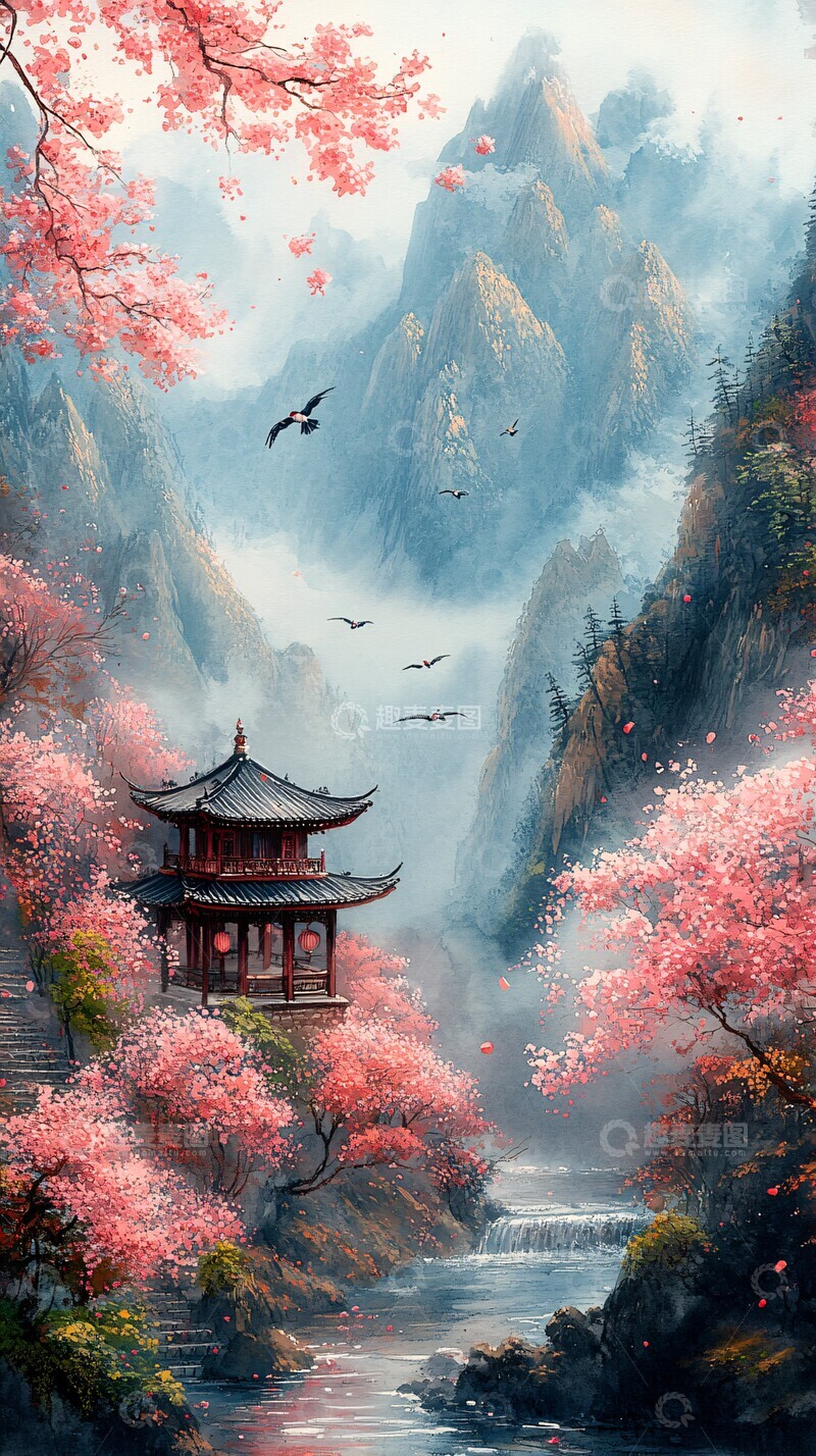 高清大图下载【趣麦麦图】山水桃林亭台流水1