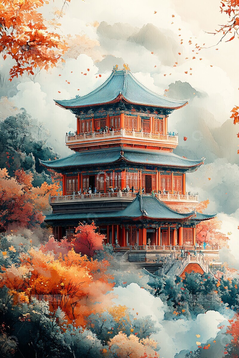 高清大图下载【趣麦麦图】祥云山水古建2