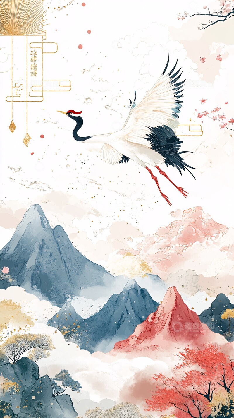 高清大图下载【趣麦麦图】云山飞鹤图飞鹤天空植物3