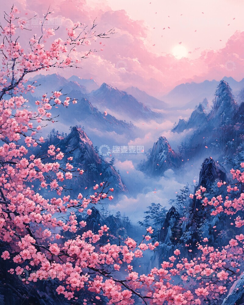 高清大图下载【趣麦麦图】桃花云山图桃花云彩背景3