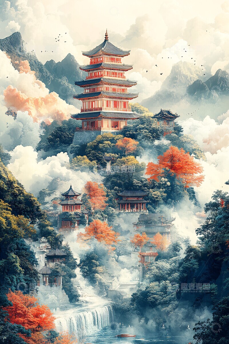 高清大图下载【趣麦麦图】祥云山水古建3