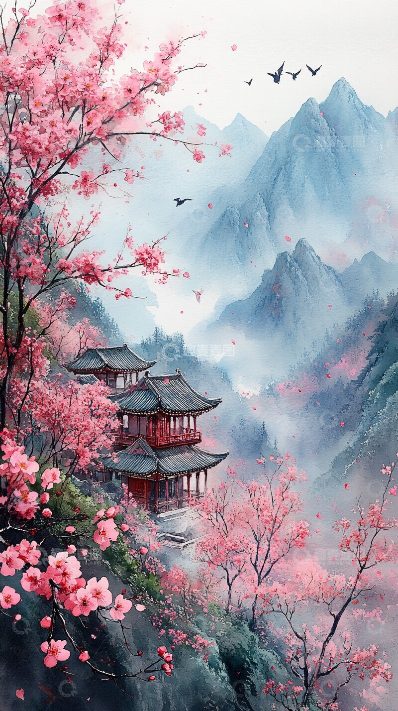 高清大图下载【趣麦麦图】山水桃林亭台流水2