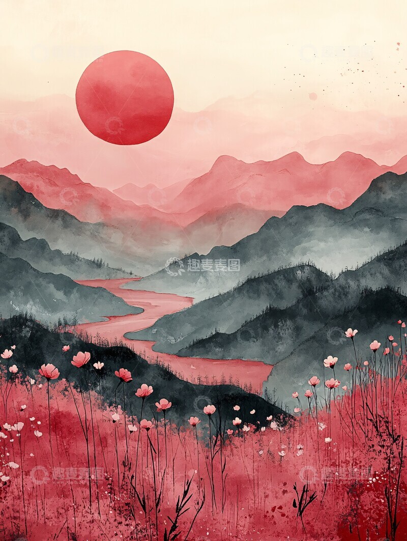 高清大图下载【趣麦麦图】粉色山水画卷4