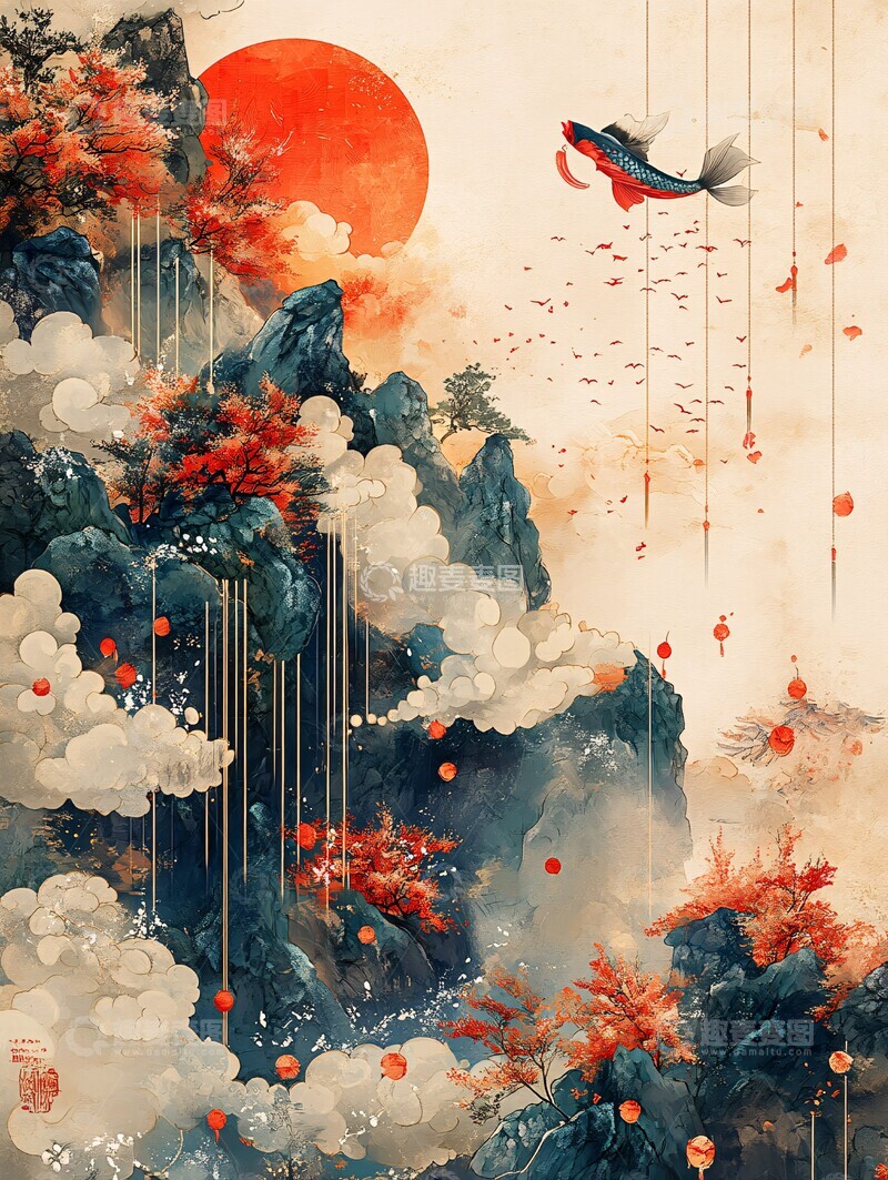 高清大图下载【趣麦麦图】鱼鳞纹祥云图案3