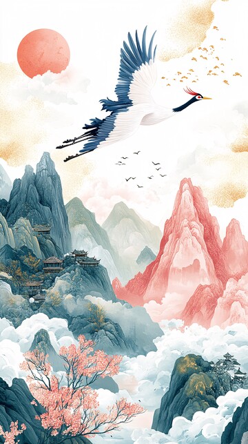 云山飞鹤图飞鹤天空植物2