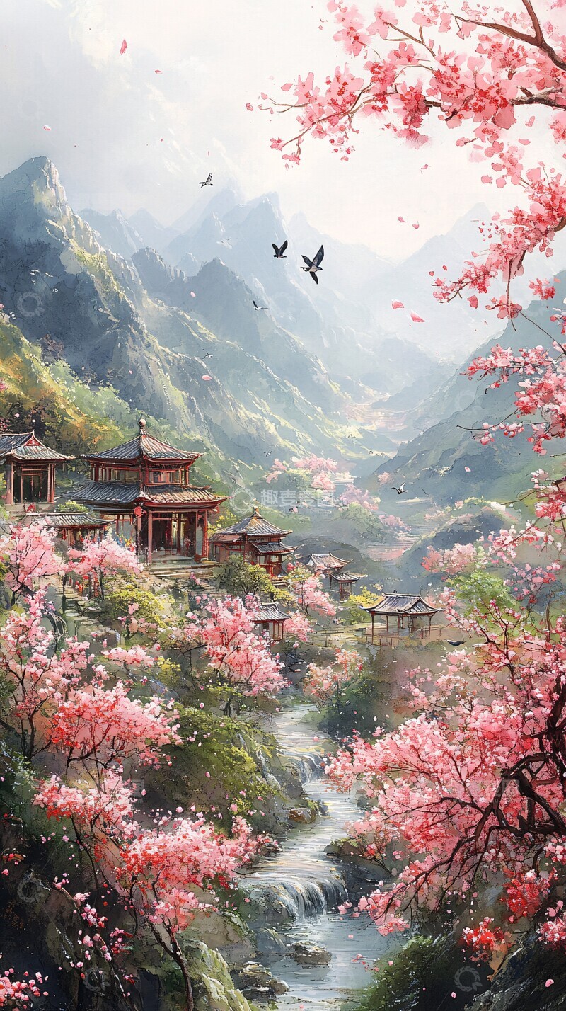 高清大图下载【趣麦麦图】山水桃林亭台流水3
