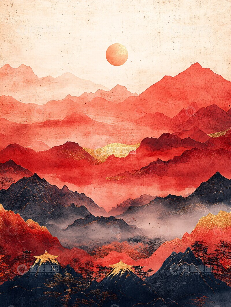 高清大图下载【趣麦麦图】红金山水纹样3