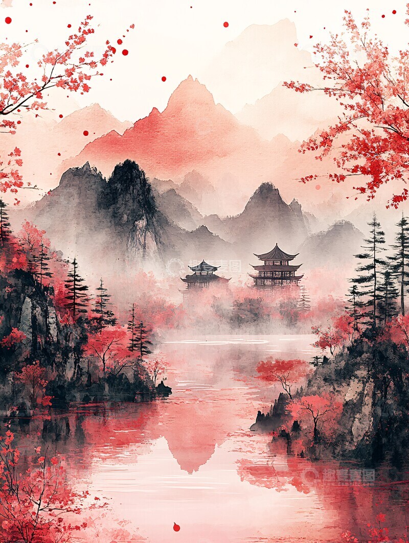 高清大图下载【趣麦麦图】粉色山水画卷3