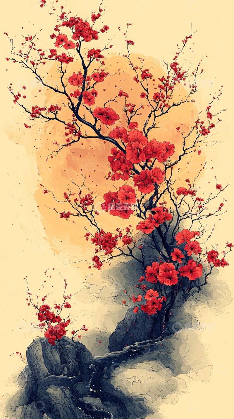 高清大图下载【趣麦麦图】红线绘花河红线黄底河流3