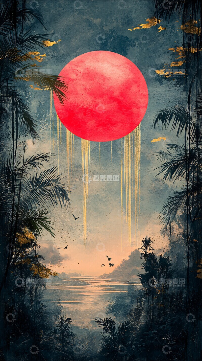 高清大图下载【趣麦麦图】粉色太阳与金色背景3