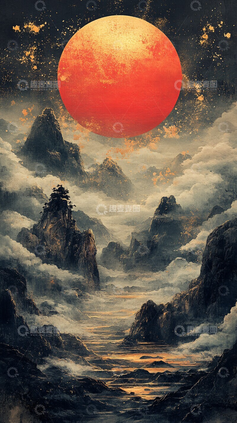 高清大图下载【趣麦麦图】红日金辉云石图3