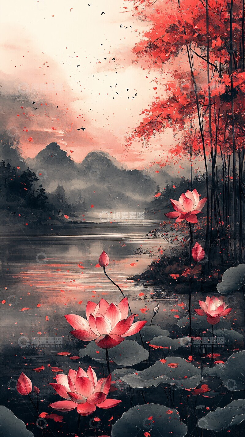 高清大图下载【趣麦麦图】秋夜莲叶图风景古代中国2