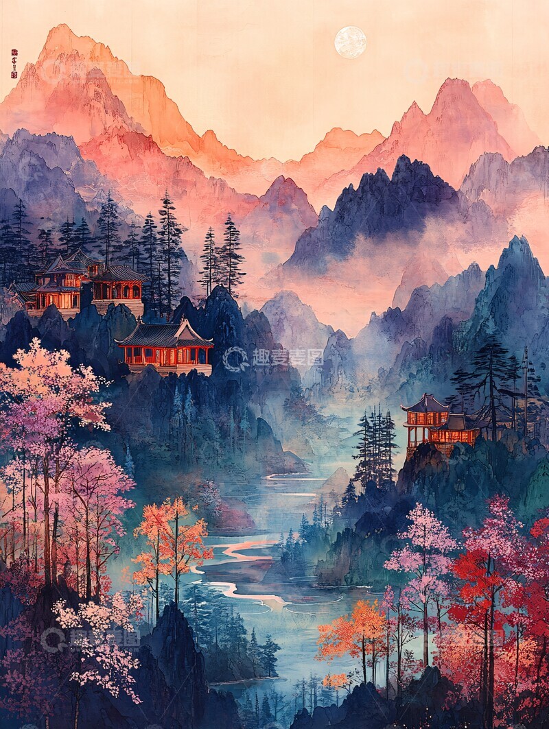 高清大图下载【趣麦麦图】彩色山水月夜图3