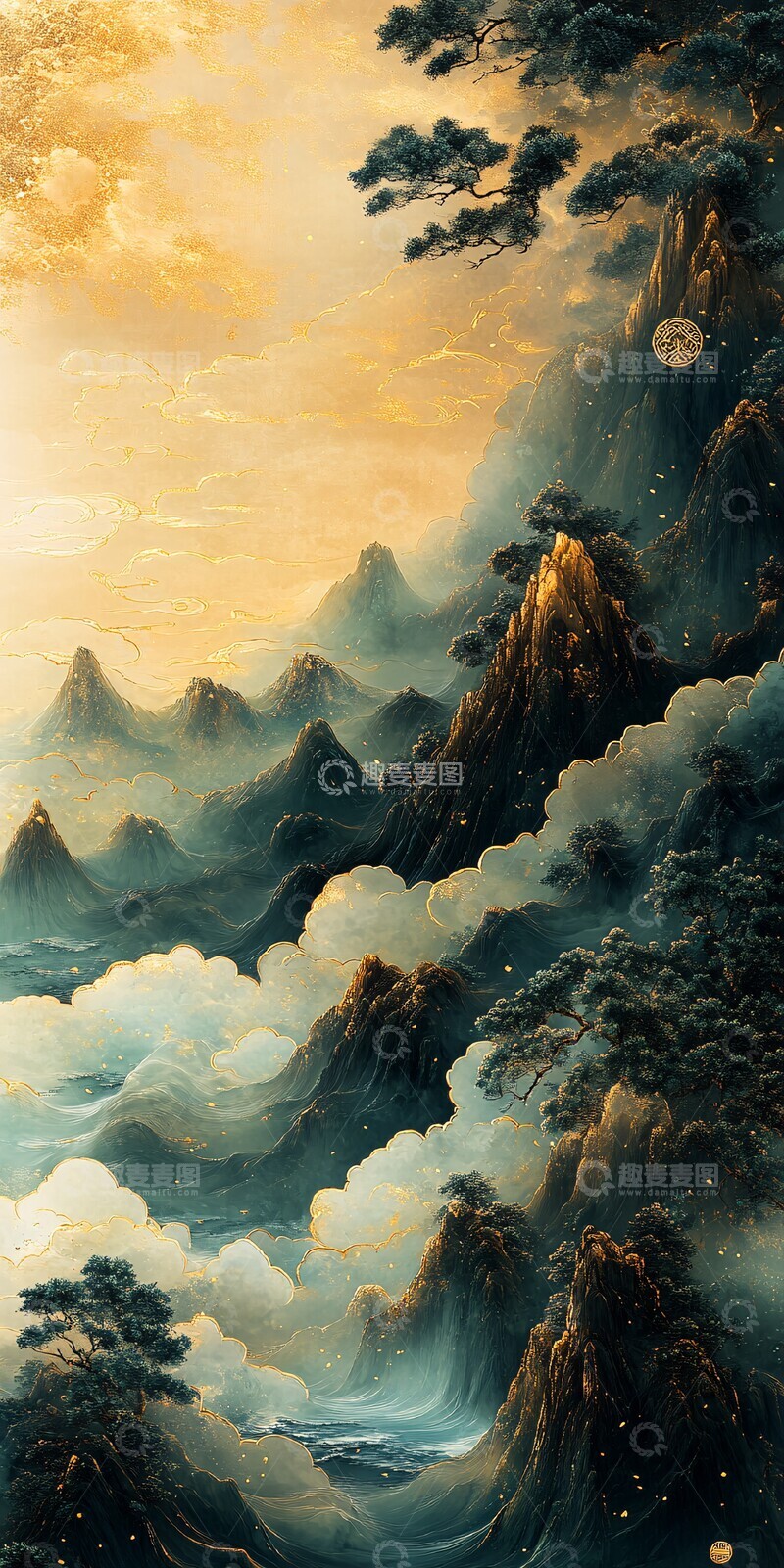 高清大图下载【趣麦麦图】吉祥云纹绿蓝渐变1