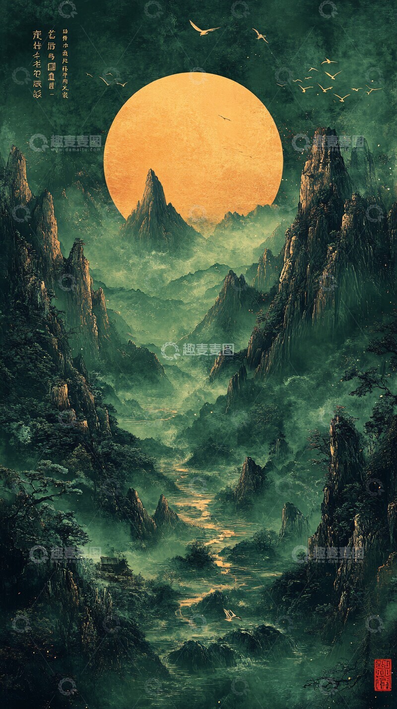 高清大图下载【趣麦麦图】山水金纹图山水金纹自然3