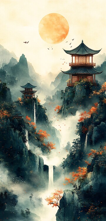 银杏山寺云银杏墨画绿色3