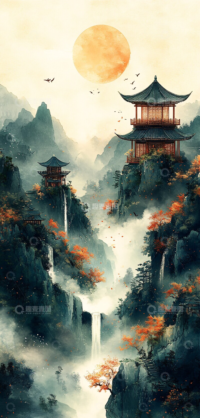 高清大图下载【趣麦麦图】银杏山寺云银杏墨画绿色3