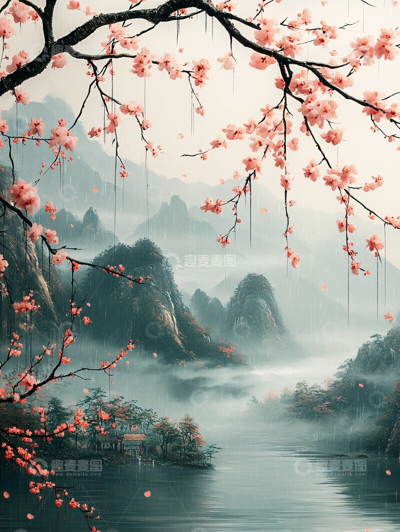 高清大图下载【趣麦麦图】清明雨柳图清明绿色灰色3