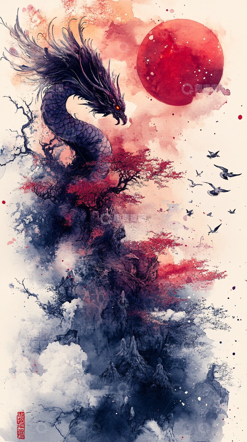 高清大图下载【趣麦麦图】龙女乘云图水彩紫色天空3