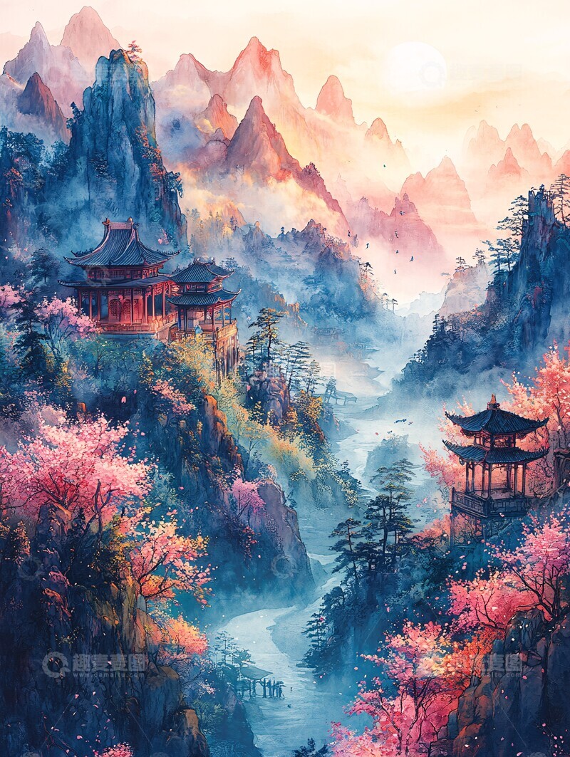 高清大图下载【趣麦麦图】彩色山水月夜图1