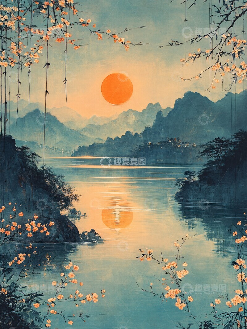 高清大图下载【趣麦麦图】樱花竹林山水图