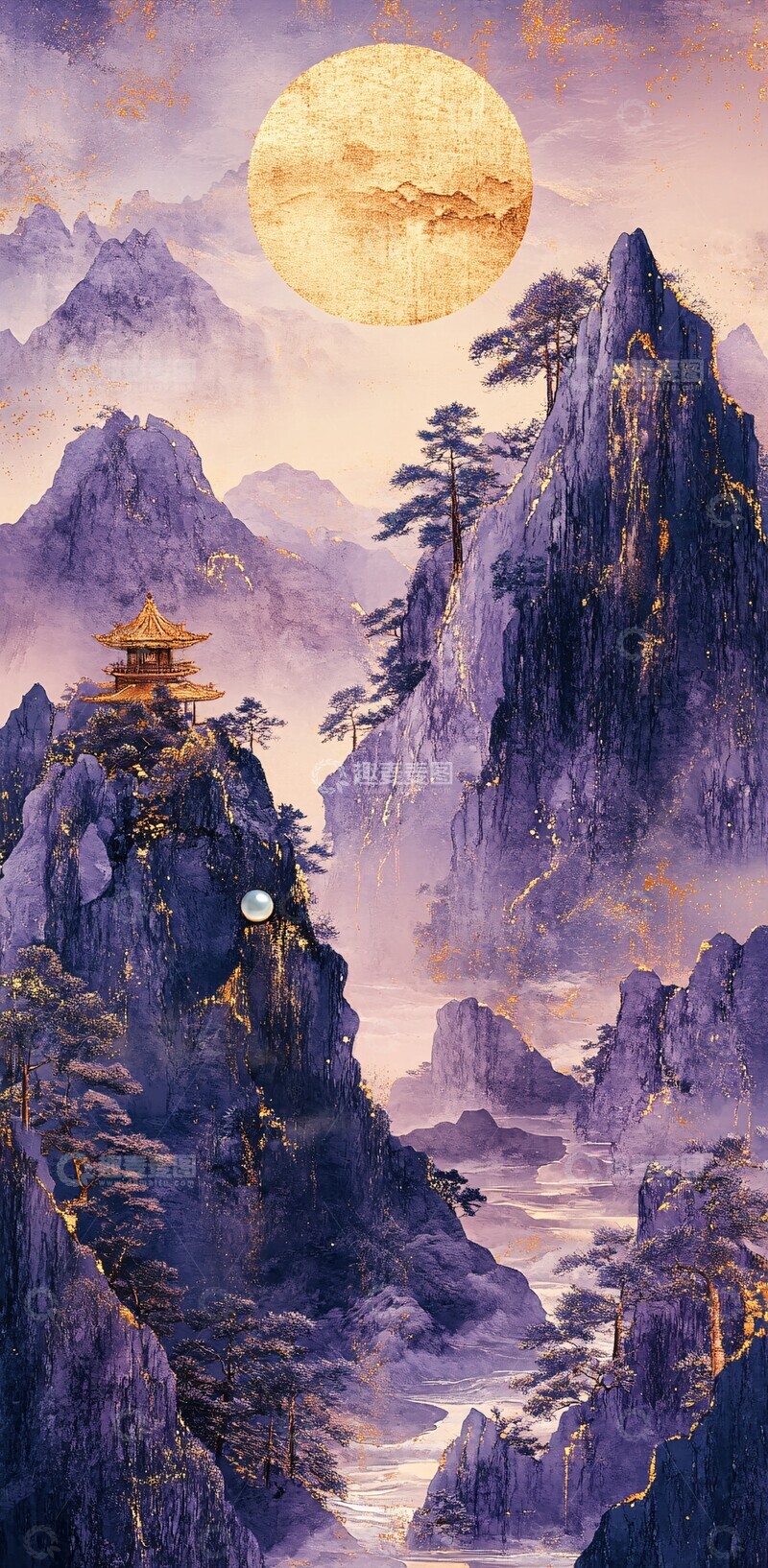 高清大图下载【趣麦麦图】山水珍珠图山水河流寺庙