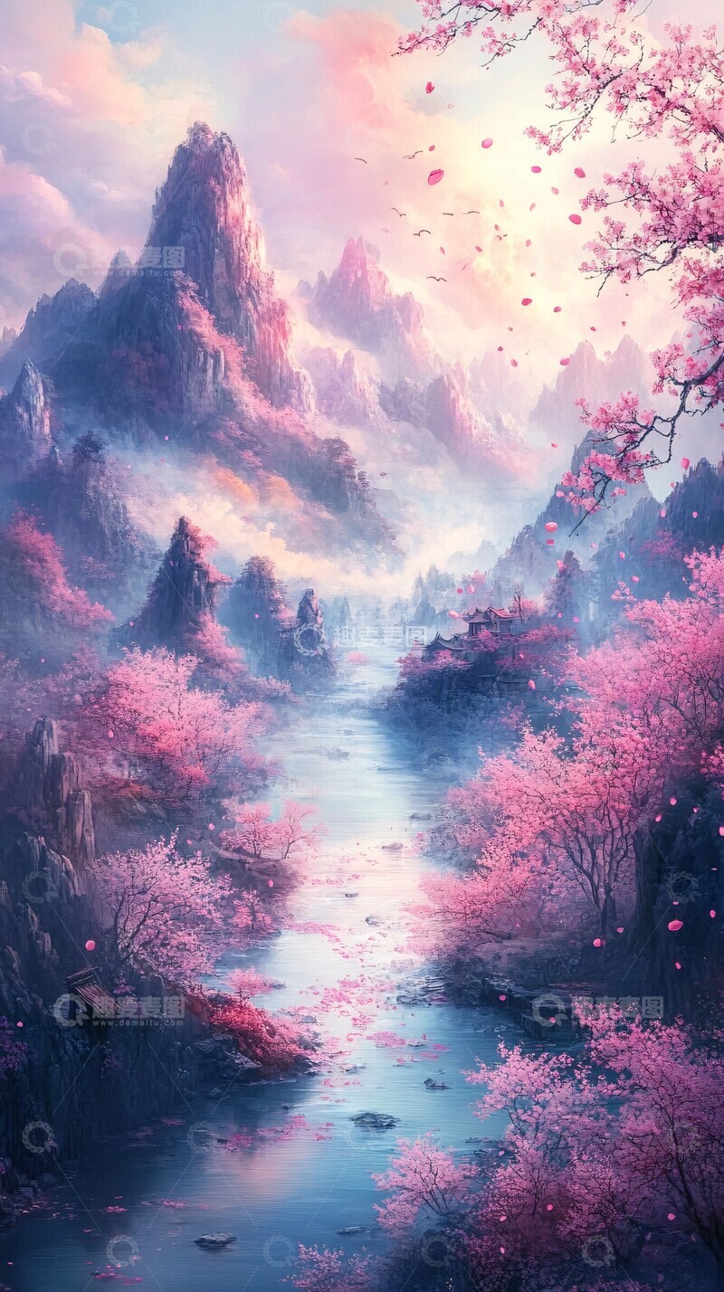高清大图下载【趣麦麦图】山川樱花图樱花风格彩绘1