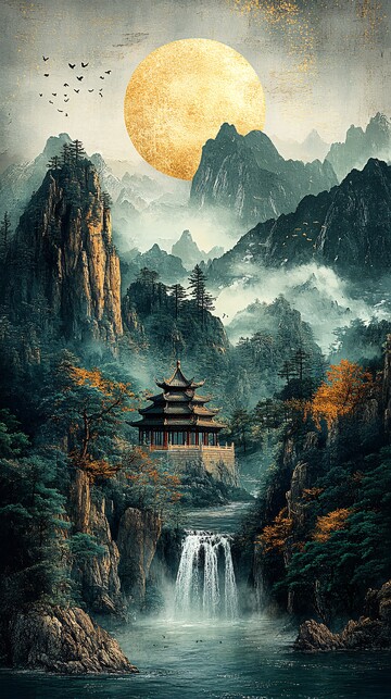 翡翠山峦亭树图1