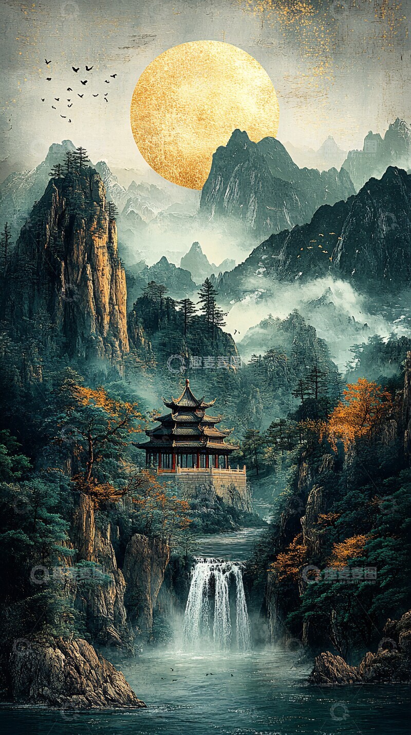 高清大图下载【趣麦麦图】翡翠山峦亭树图1