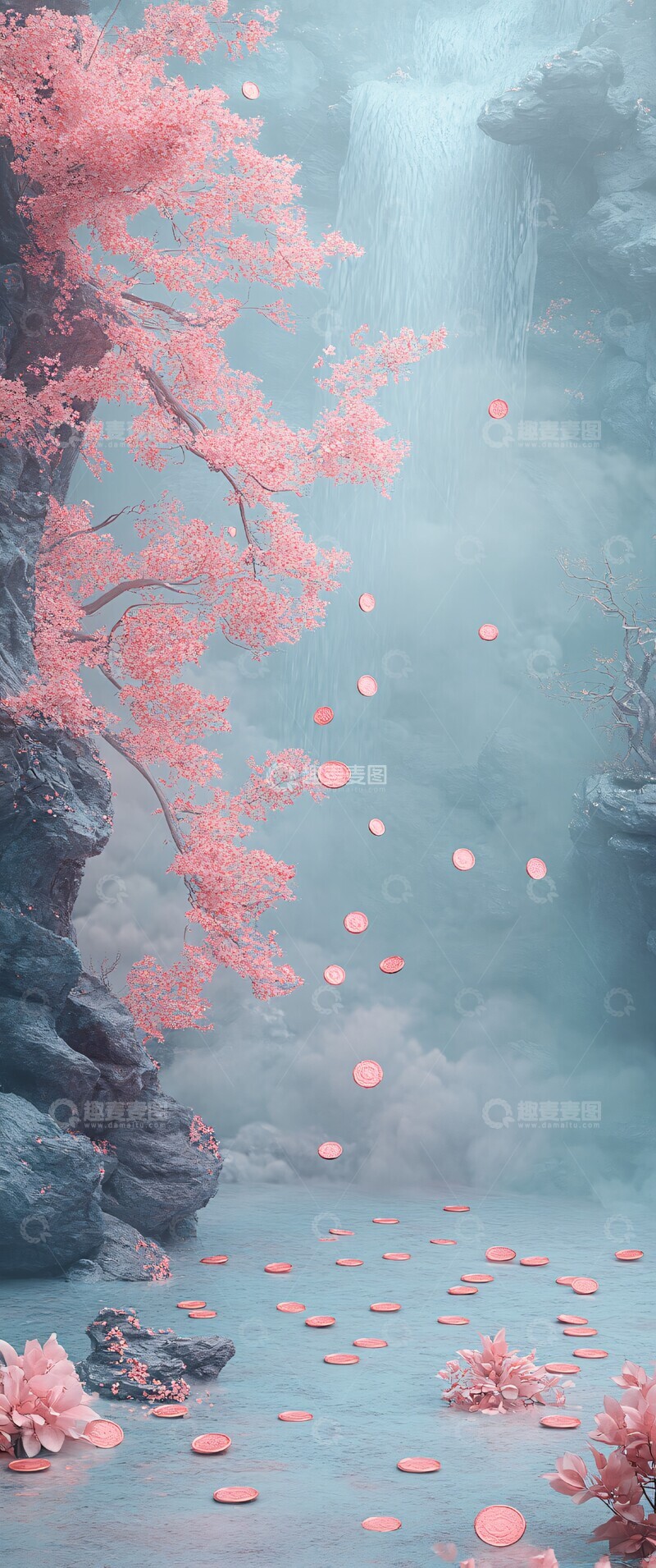 高清大图下载【趣麦麦图】粉色瀑布金币