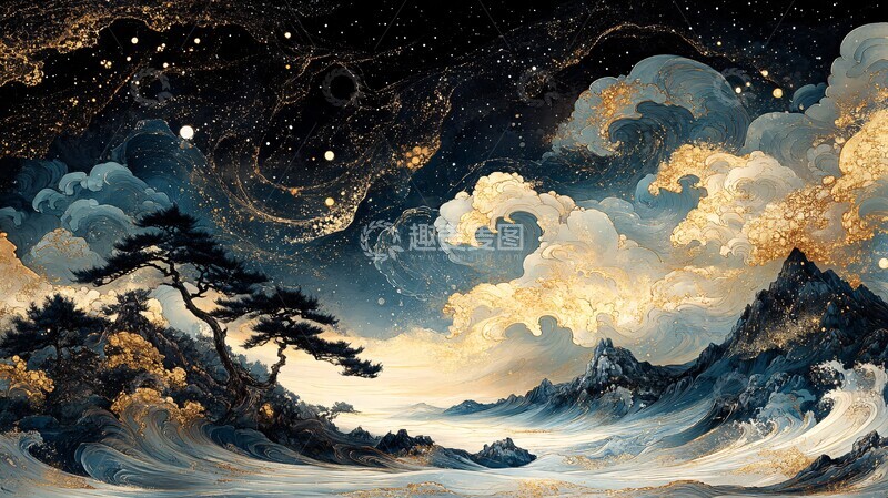 高清大图下载【趣麦麦图】云纹山水花卉图