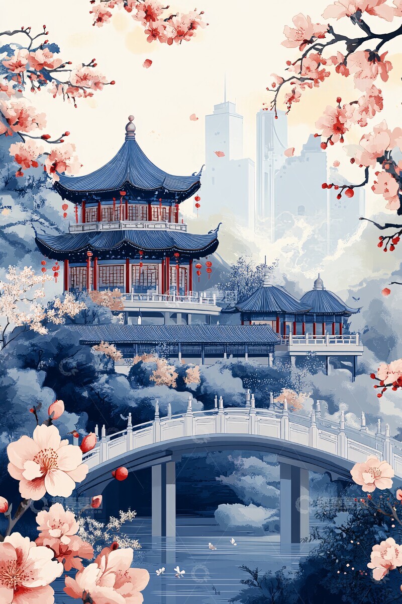 高清大图下载【趣麦麦图】青花瓷春景图1