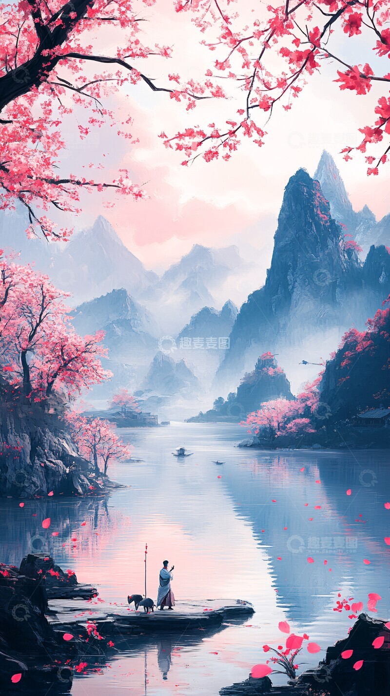 高清大图下载【趣麦麦图】桃林河畔人携兽