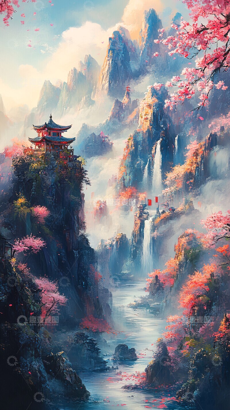 高清大图下载【趣麦麦图】山川樱花图樱花风格彩绘